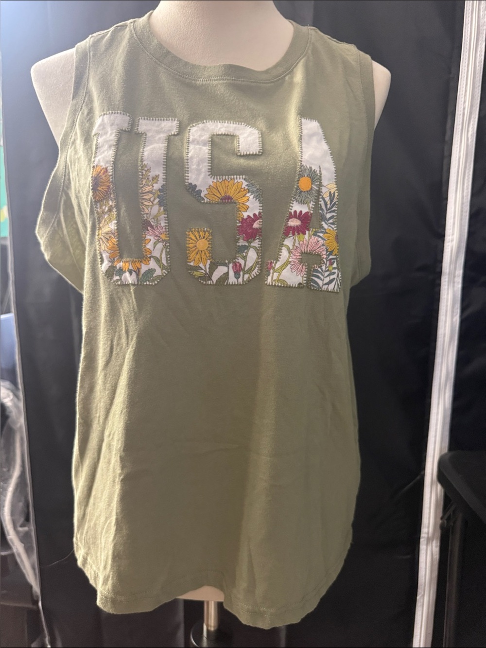 Maurices Olive Green Floral USA Applique Tank